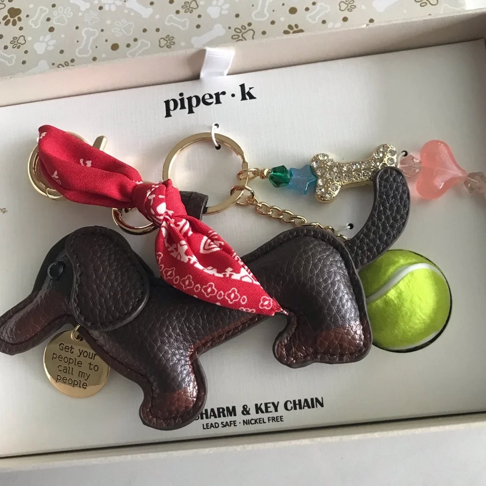 Piper K Dachshund Doggie Tennis Ball Rhinestone Key Chain Bag Charm